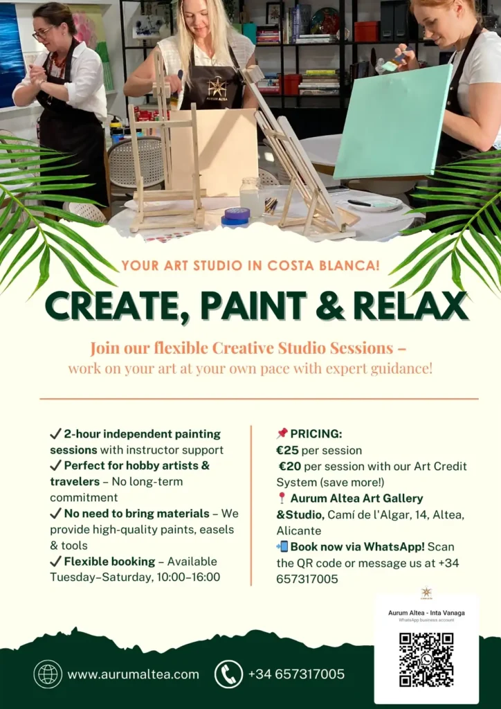 Creative Studio Sessions at Aurum Altea – Flexible Painting Classes for Hobby Artists & Travelers in Costa Blanca